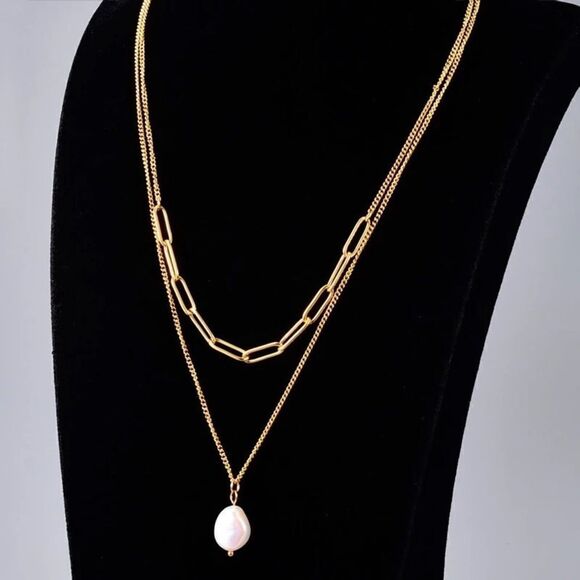 Brand New Rose Gold Double Chain Fresh Water Pearl Adjustable Necklace 18 -24 in - Picture 2 of 6